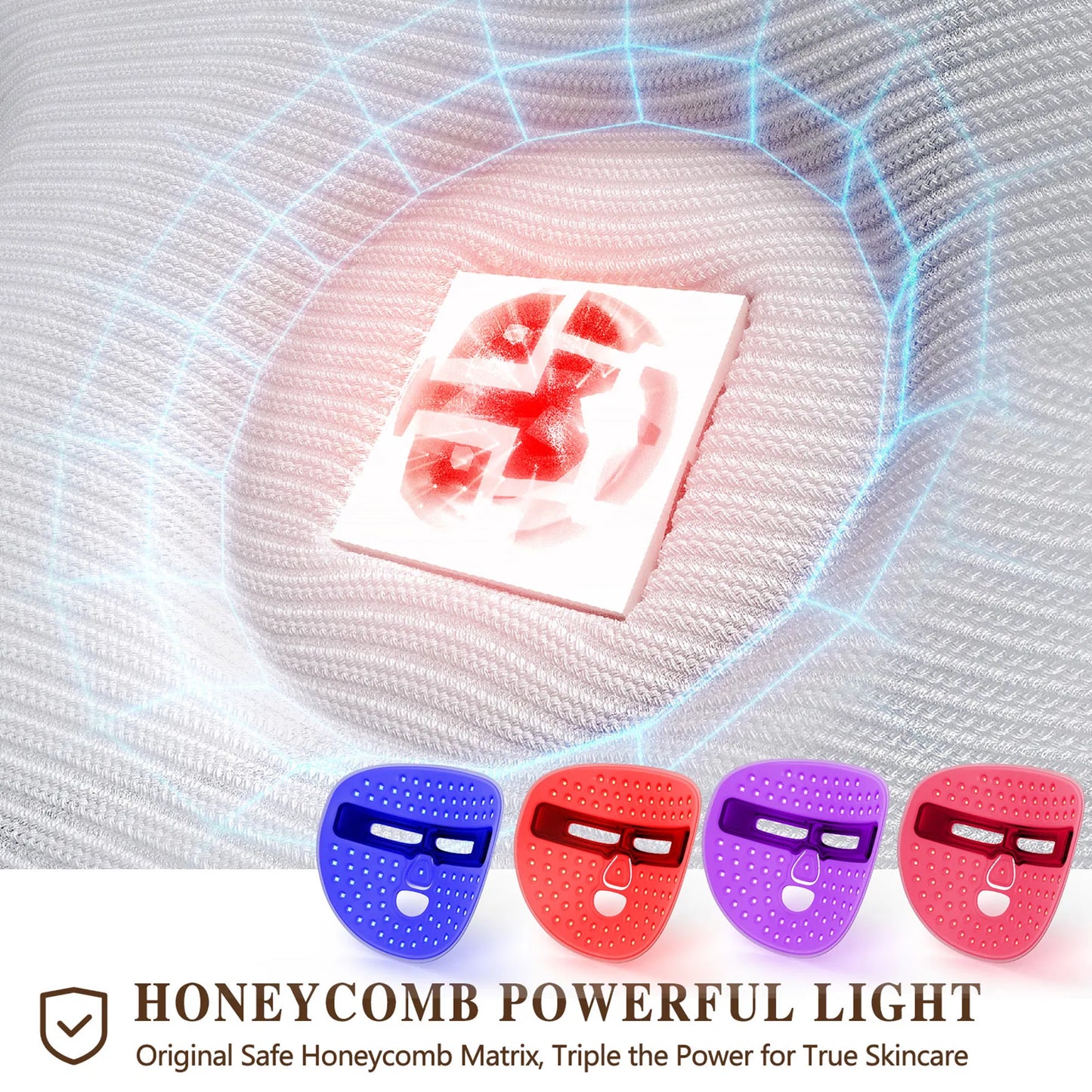 Honeycomb facial light device with colorful masks and text about skincare benefits.