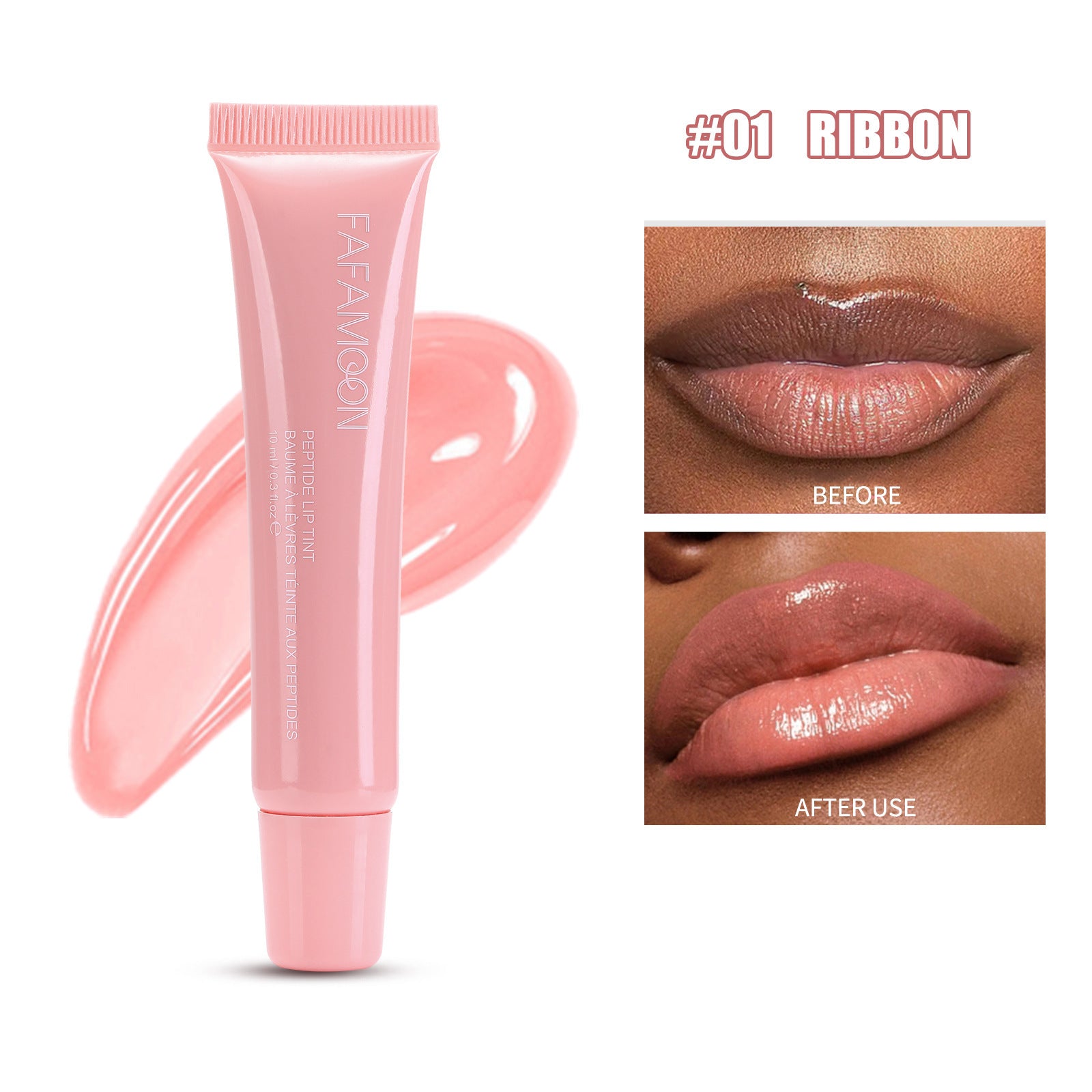 Pink lip balm tube with 'PAPAWON' branding, showing 'Before' and 'After' effects on lips.