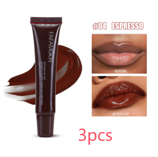 Lip tint tube with 'Espresso' color swatch and application on lips