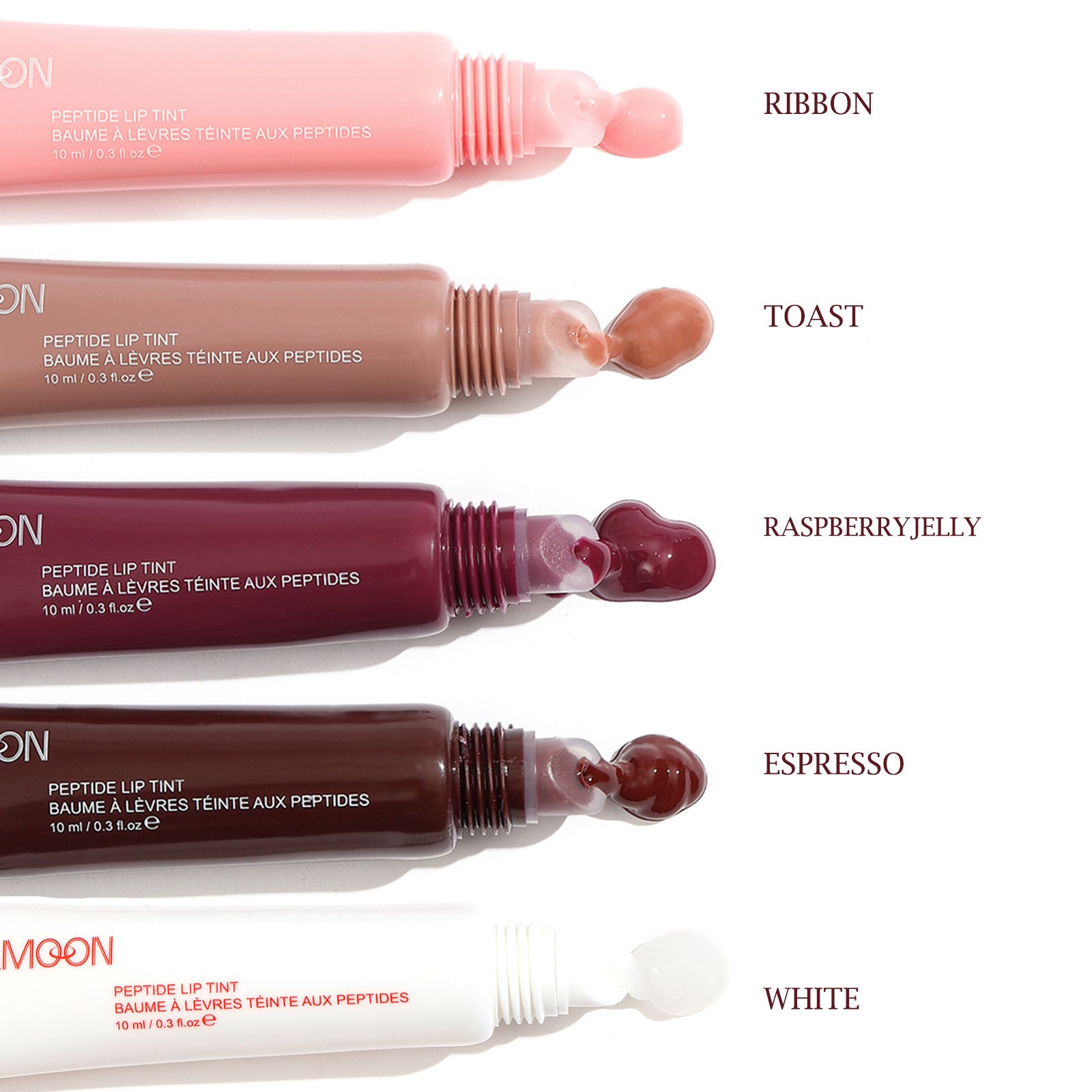 Five lip tint tubes with different shades and names on a white background