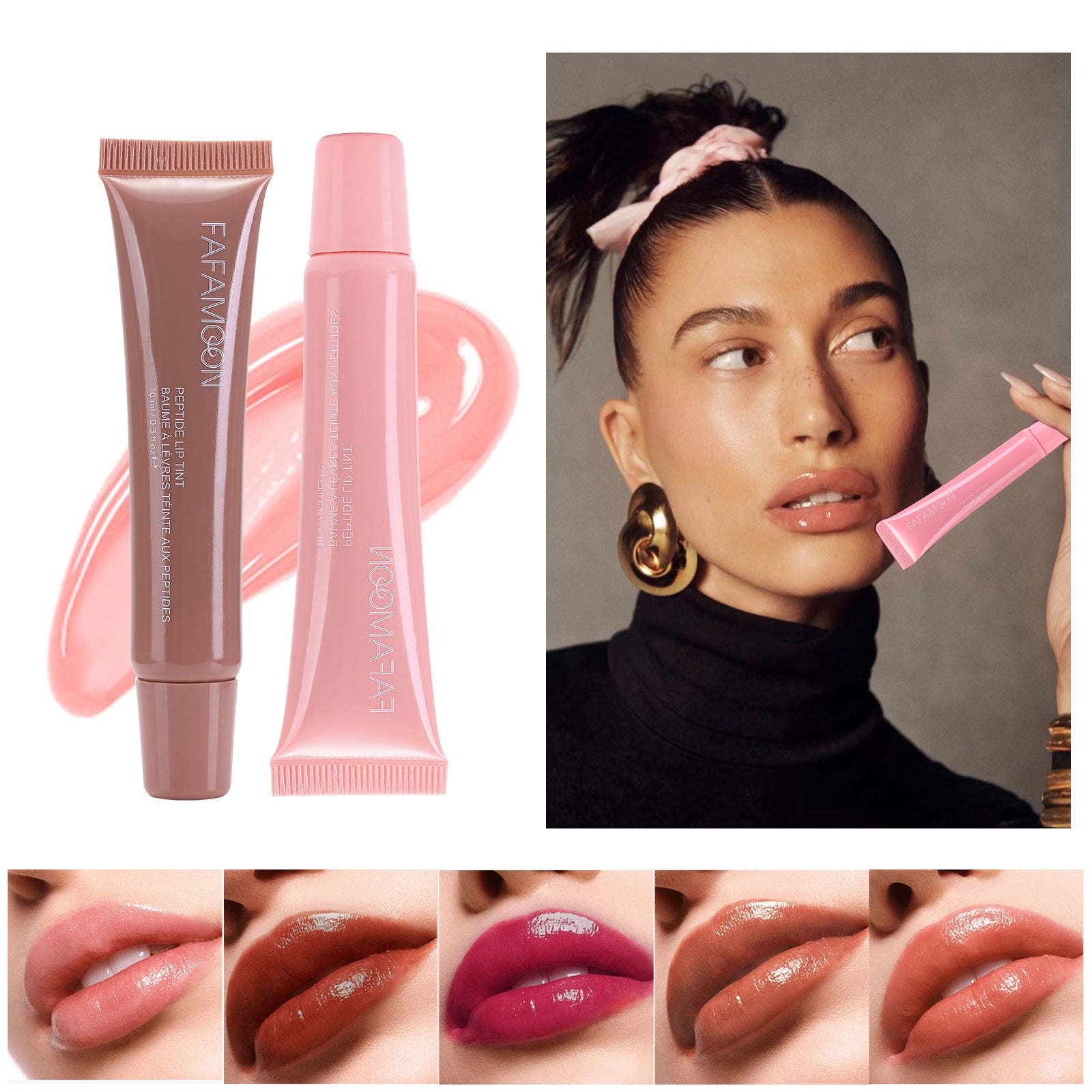 Collage of lip products and a model wearing a pink lip product.