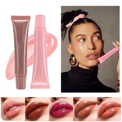 Collage of lip products and a model wearing a pink lip product.