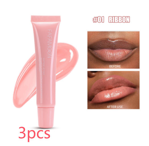 Pink lip balm tube with before and after usage on lips, brand 'FARAWAY' visible.