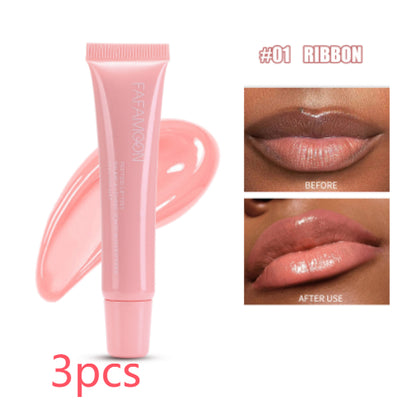 Pink lip balm tube with before and after usage on lips, brand 'FARAWAY' visible.
