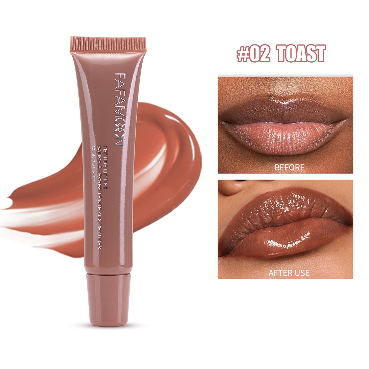 Lip balm tube with '#02 Toast' shade showing 'Before' and 'After' effects on lips.