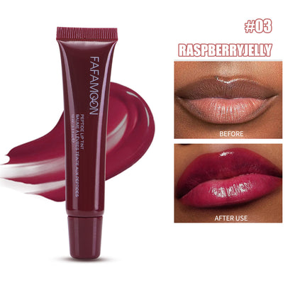 Lip tint tube with 'Fafavoon' branding and before/after usage on lips.