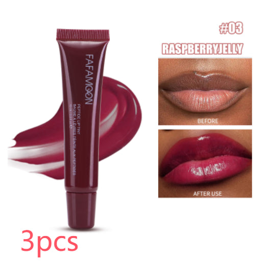 Lip balm tube with 'Fafamoon' branding, showing 'Raspberry Jelly' color swatch and lip application before and after.