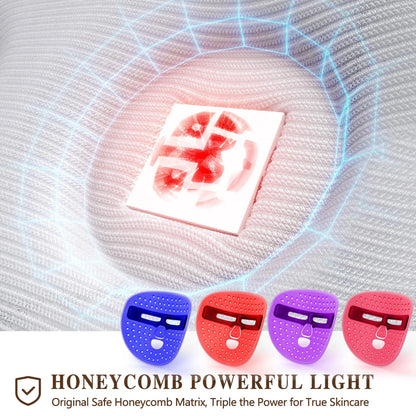Honeycomb facial light device with colorful masks and text about skincare benefits.