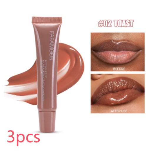 Lip gloss tube with '#02 Toast' color swatch and before/after application on lips.