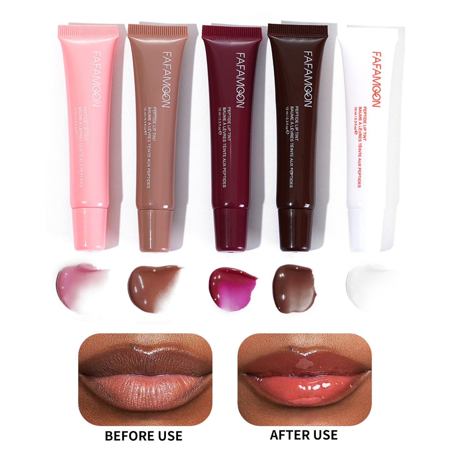 Collection of FAFAMOON lip balm tubes with color swatches and before/after usage examples on a white background.