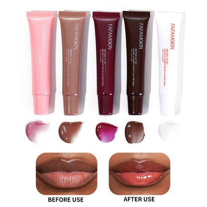 Collection of FAFAMOON lip balm tubes with color swatches and before/after usage examples on a white background.