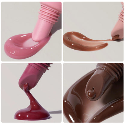 Collage of a pink tool squeezing different colored liquids onto a white background