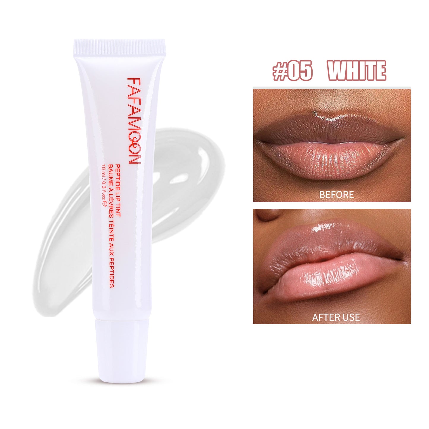 Lip balm tube with 'FAFAVOON' branding, showing before and after use on lips.