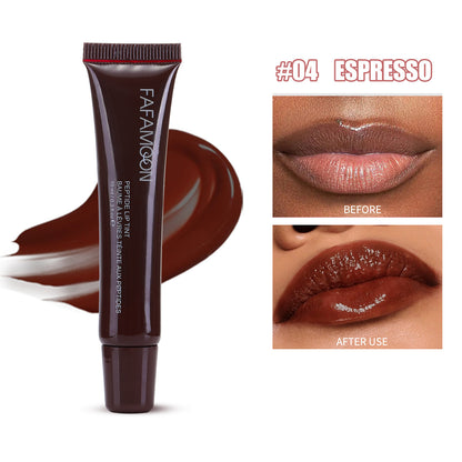 Lip tint tube with 'Espresso' color swatch and before/after application on lips.
