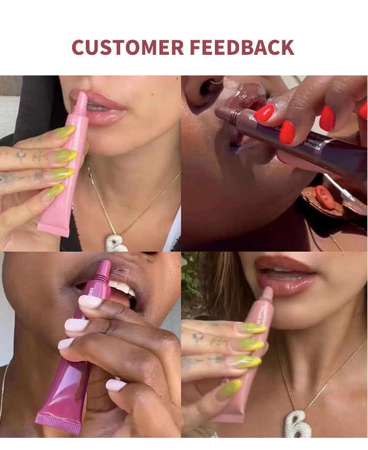 Collage of people using a pink lip gloss with text 'CUSTOMER FEEDBACK'.