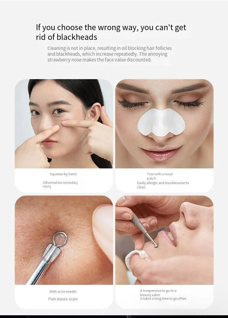 Educational diagram showing incorrect methods of removing blackheads with corresponding images and text.