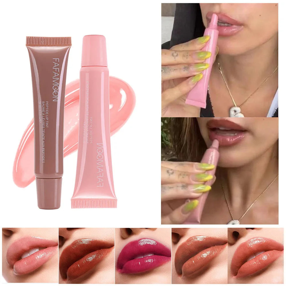 Collage of a pink lip balm tube, a woman applying it, and close-up shots of lips with different shades.