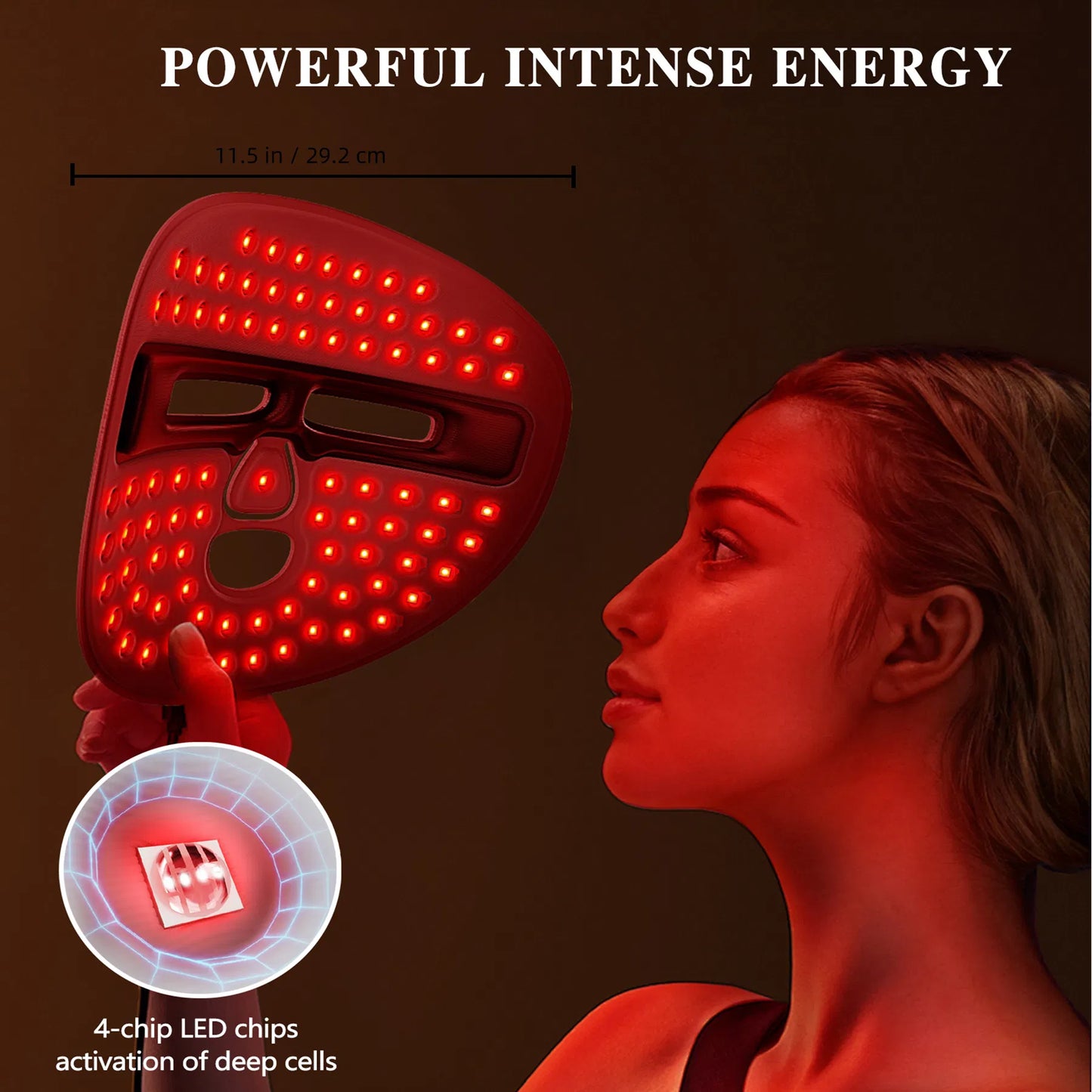 Red light therapy mask with a woman receiving treatment, labeled 'Powerful Intense Energy'. 
